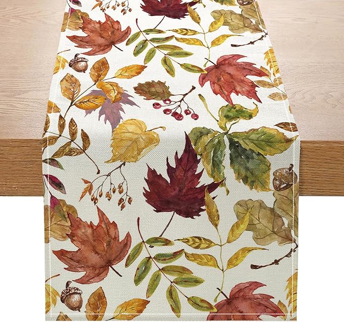 ONFAON Fall Decorations for Home,Fall Maple Leaves Table Runner, Thanksgiving Watercolor Plant Yellow Leafs Home Kitchen Decor,Outdoor Home Party Table Decoration 13x72 Inch ZQZX03