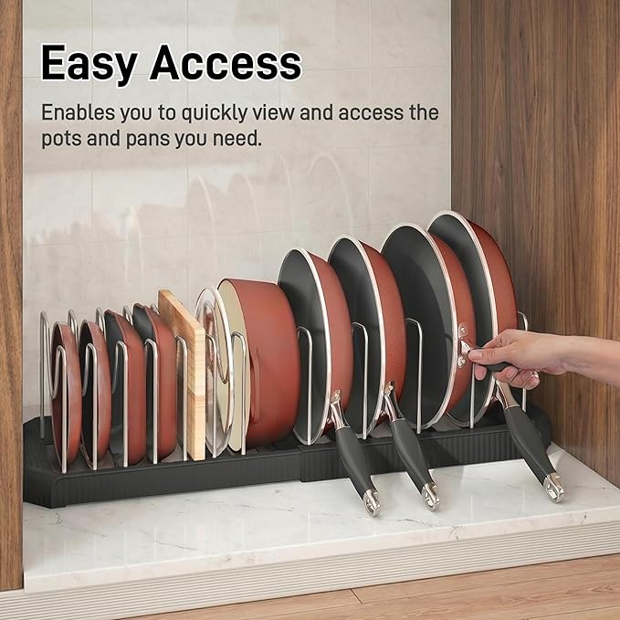 Pots and Pans Organizer for under Cabinet, Pan Pot Organizers inside Cabinet, Expandable Organizer with 12 Adjustable Dividers for Cookie Sheets, Cutting Boards, Pot Lids, Cookware - Pan Rack, Black