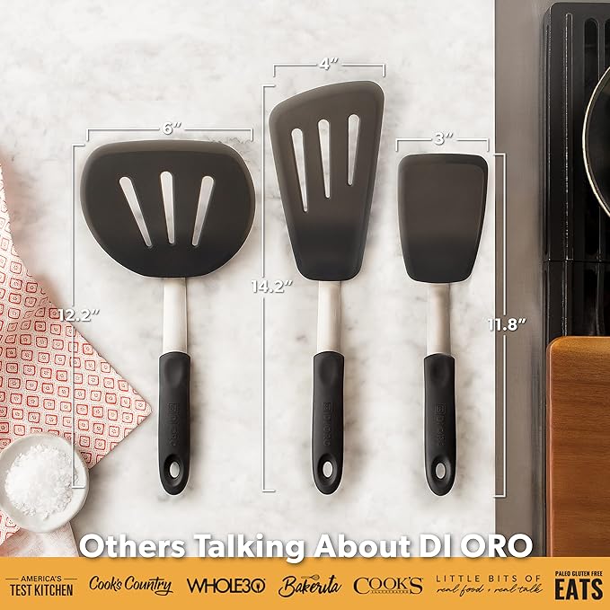 DI ORO - Chef Series FLEX Silicone Spatula 600ºF Heat-Resistant Flexible Silicone Rubber Turner Spatulas (3-Piece Set)