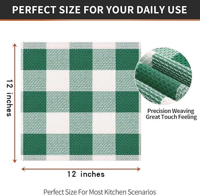 Homaxy 100% Cotton Waffle Weave Check Plaid Dish Cloths, 12 x 12 Inches, Super Soft and Absorbent Dish Towels Quick Drying Dish Rags, 6-Pack, White & Dark Green