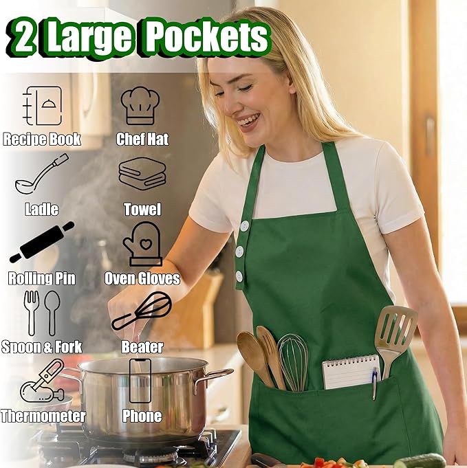 TOSHE Kitchen Apron Waterdrop Resistant Cotton Apron with adjustable Aprons for Women with Pockets 12 Color option Cooking Green Apron (Green)