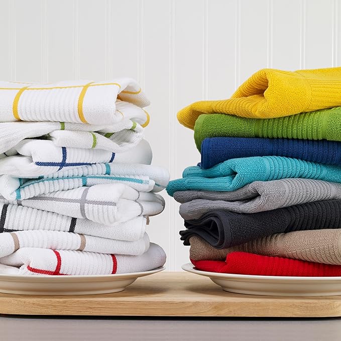 T-fal Solid & Checked Parquet Kitchen Towels: Highly Absorbent, Super Soft Long Lasting - 100% Cotton, 16"x26" Dish Towels for Cleaning & Drying Dishes, Pans, Glassware, or Countertops, (2-Pack), Sand