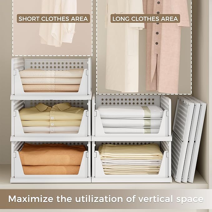 Pinkpum 8 Pack Closet Organizers and Storage Plastic Stackable Storage Bins, Foldable Drawer Shelf Storage Container for Wardrobe Kitchen Bathroom Dorm White