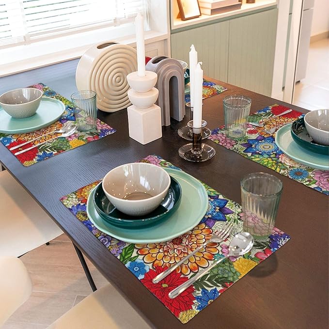Boho Floral Linen Placemats Set of 4, 12x18 Inch Colorful Bohemian Flower Table Mats, Washable Non-Slip Heat Resistant Dining Mats for Kitchen Home Party Farmhouse, Spring Easter Festival Home Decor