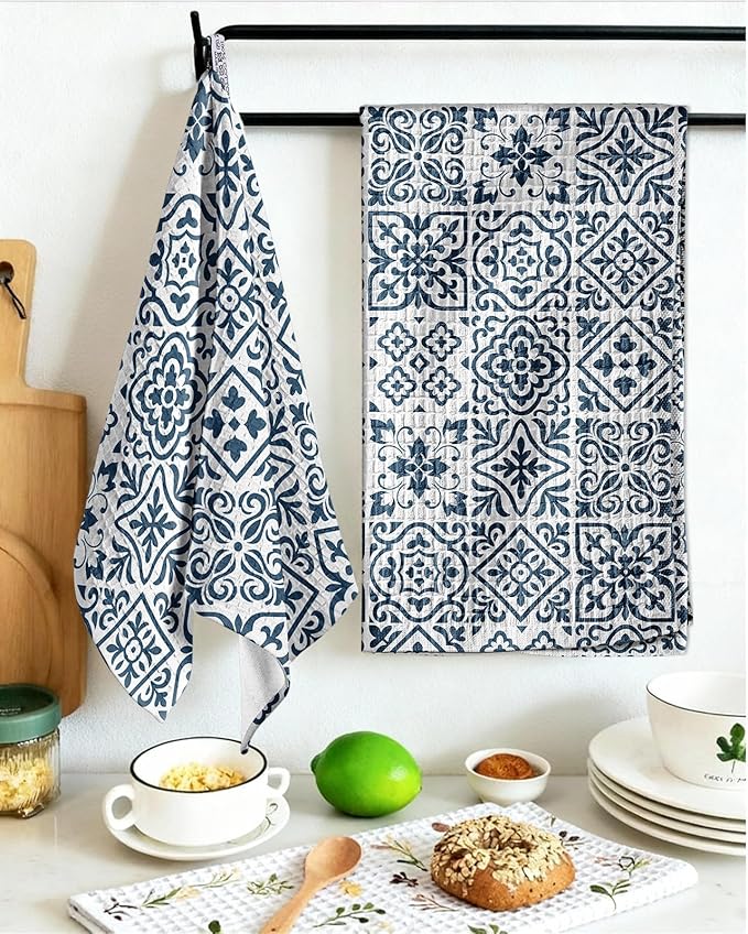 Miss Adola Cotton Waffle Kitchen Towels – Cute 370 GSM 16x25 Inch Terry Cloth Waffle Decorative Dishcloth for Kitchen Set of 2 with Hanging Loop Absorbent Hand Tea Towel for Home Design, Block Print