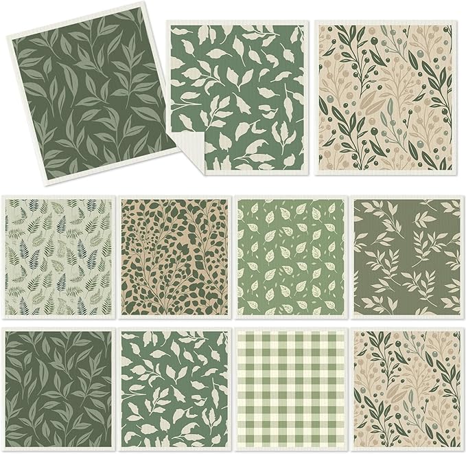 Tegeme 8 Pcs Sage Green Swedish Dishcloth Kitchen Spring Greenery Flowers Swedish Dish Towel Absorbent Cotton Reusable Kitchen Towels for Home Party Housewarming Cleaning Counter Wipes, 6.8 x 7.7''