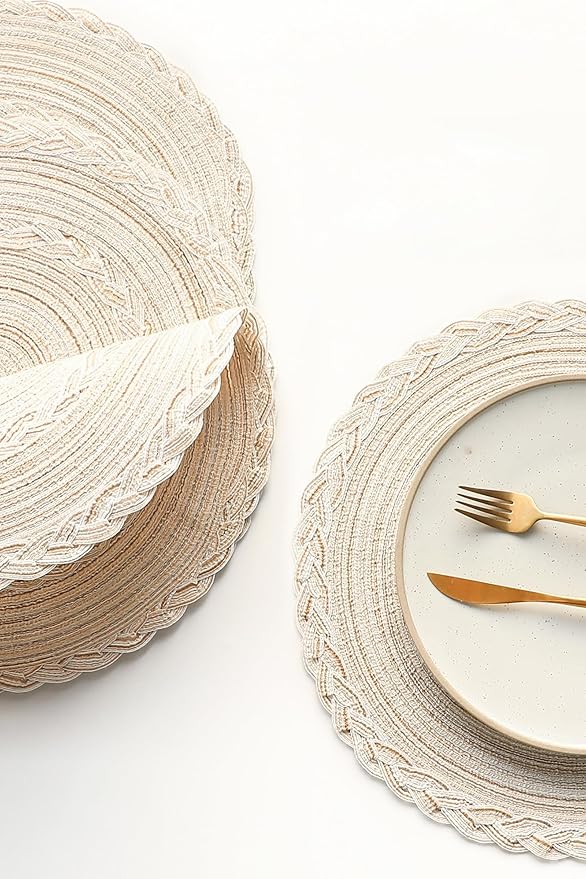 Floroom 15 Inch Round Braided Placemats Set of 4, Washable Heat Resistant Cotton Polyester Circle Boho Place Mats for Kitchen Dining Table - Canvas Beige Bordered