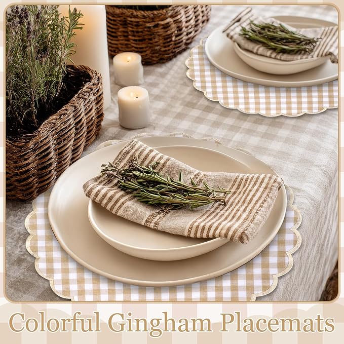 Set of 6 Round Placemats 15 Inch Cotton Scalloped Embroidery Placemat Washable Double Layered Rustic Dinner Table Mat Decor Fabric for Hotel Restaurant Kitchen(Khaki,Plaid)