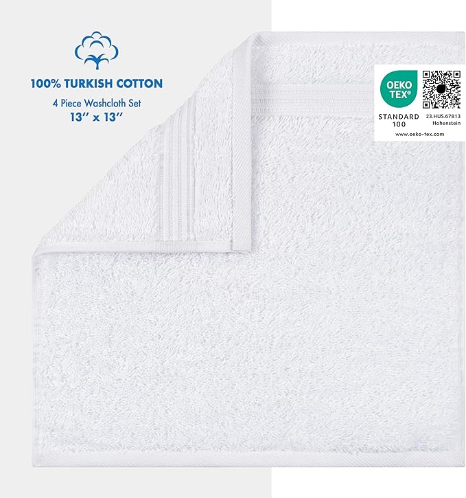 Cotton Paradise 100% Cotton Turkish Washcloth Set for Bathroom, 4 Piece Soft Absorbent Small Towels Wash Rags, White