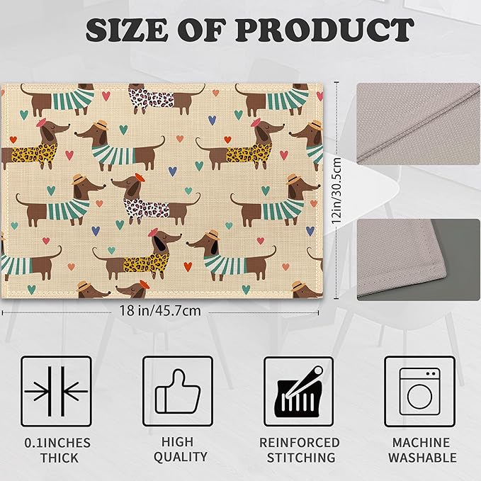 Dachshund Dogs Placemats Set of 6 Linen Heat Resistant,Love Hearts Table Mats Washable Rustic Place Mats Decoration for Home Kitchen Dining Room Party 12x18 Inch