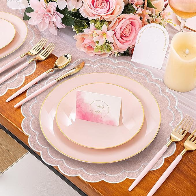 Set of 8 Cotton Linen Placemats Coaster, 15" Scalloped Embroidery Heat Resistant Placemats, 4.7" Kitchen Coaster, Double Layered Machine Washable Table Mat Set Rustic Dinner Table Decoration (Pink)