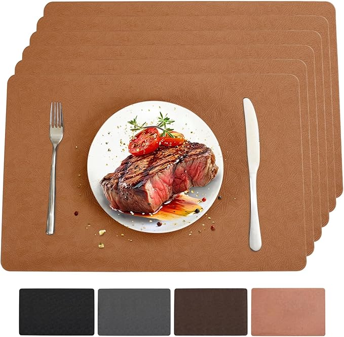 Vinyl Placemats Set of 6 Heat Resistant Easy Clean Non-Slip Place Mats for Dining Table Faux Leather Waterproof Stain Resistant Wipeable Washable PVC Table Mats(6, Light Brown)