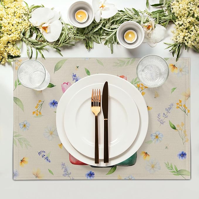 Giwawa Spring Flower Vases Placemats Set of 4 Watercolor Floral Mason Jar Place Mat 12x18 Inch Wildflower Botanical Plant Table Mats Heat Resistance for Kitchen Dining Party Picnic Decor