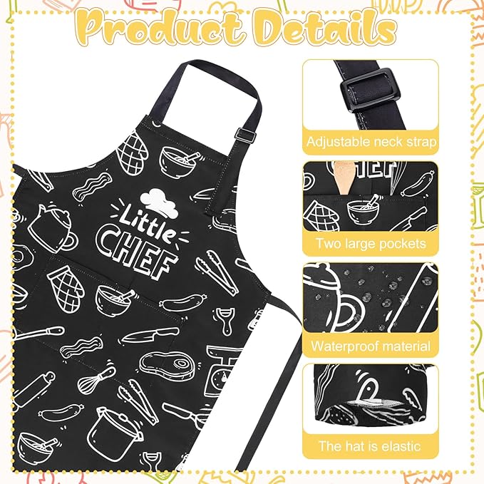 Kids Apron and Chef Hat Set, Funny Apron with 2 Pockets, Adjustable Kids Aprons for Cooking for Boys and Girls