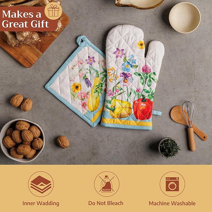 Maison d' Hermine 100% Cotton Oven Mitt & Pot Holder Set (7.5"x13" & 8"x8") Heat Resistant BBQ Cooking Gloves with Loop Baking Grilling Kitchen Gifts for Mothers Day Spring/Summer (Giverny)
