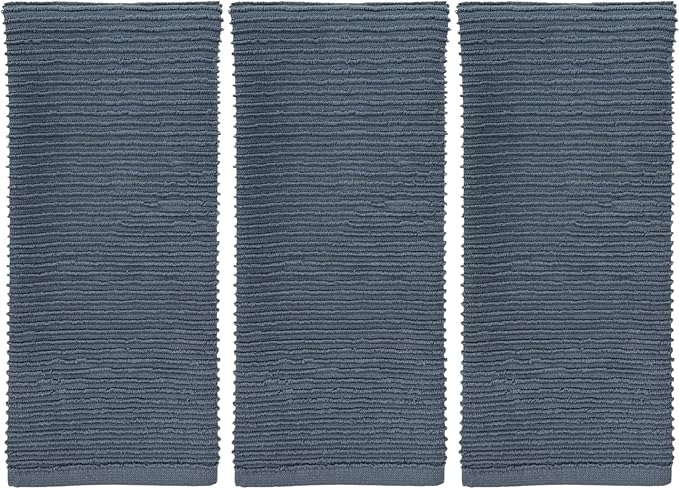 Serafina Home Slate Blue Gray Grey Kitchen Hand Dish Towels: Oversized 28" x 18", 100% Cotton Cloth Soft Cleaning Drying Absorbent Ribbed Design, Set of 3 Multipurpose for Everyday Use