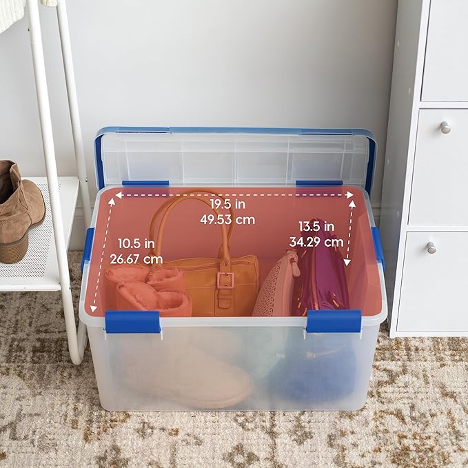 IRIS USA WeatherPro 60 Qt Storage Bins with Lids, 3 Pack, BPA-Free Plastic Gasket Box with Tight Latch and Seal, Stackable Nestable Tote Tub - Clear/Blue