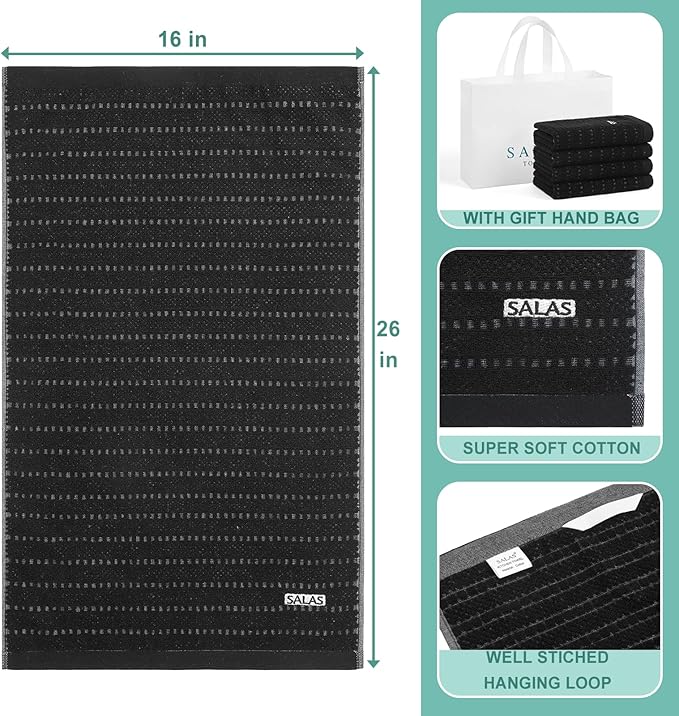 SALAS Kitchen Dish Towels, Bulk Cotton Kitchen Hand Towels, 390 GMS Plaid Dish Cloths Rags for Drying Dishes with Hanging Loop, 16‘’ x 26‘’, 3 Packs, Black