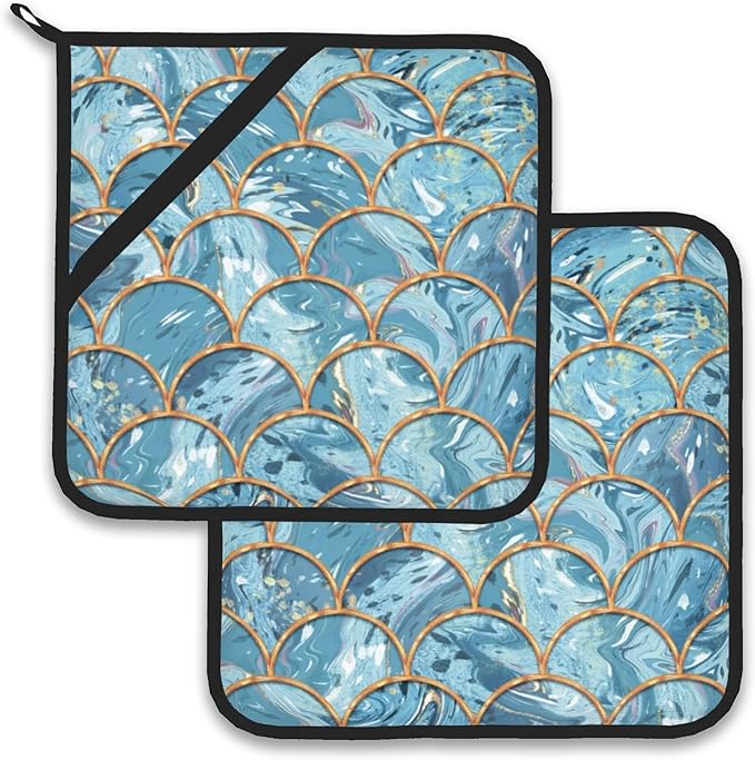 Mermaid Fish Scales Marble Pot Holder Set of 2,Heat Resistant Potholders Oven Hot Pads for Kitchen Cooking Baking BBQ