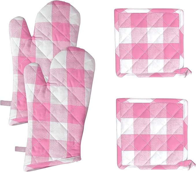 Native Fab Buffalo Plaid Check Oven Mitts and Pot Holders Set of 4, 100% Cotton Heat Resistant Kitchen Gloves, 2 Oven Mitts (7x13), 2 Pot Holders (8x8) for Cooking & Baking, Pink White