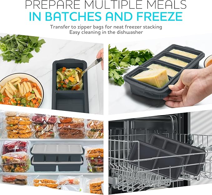 Silicone Freezer Tray With Lid-Soup Freezer Container molds-Large Ice Cube Tray Set Makes 1-Cup & 2-Cup portions cubes Perfect for preparing meals in different portion sizes Oven & Dishwasher -Safe