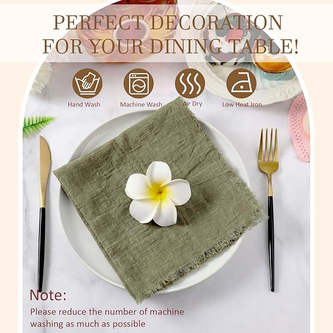 Preboun 24 Pcs Fringe Napkins Bulk Cloth Cotton Soft 17 x 17 Inch Rustic Reusable Washable Festive Square Table Napkins with Fringe for Parties Wedding Restaurant Table Accessory (Olive Green)