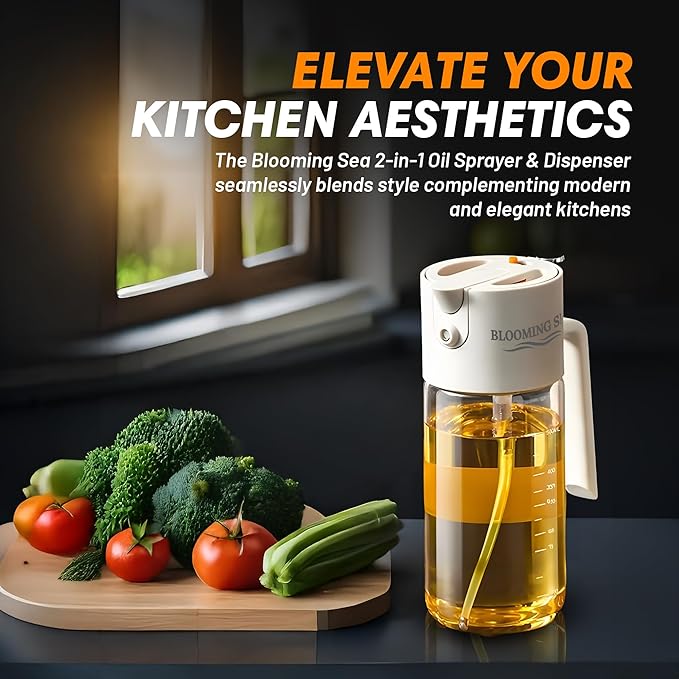 2-in-1 Oil Sprayer and Dispenser – 550ml Glass Olive Oil Bottle with Spray and Pour Modes – BPA-Free, Leakproof, Kitchen Oil Mister for Cooking, Air Fryer, BBQ (Classic White)