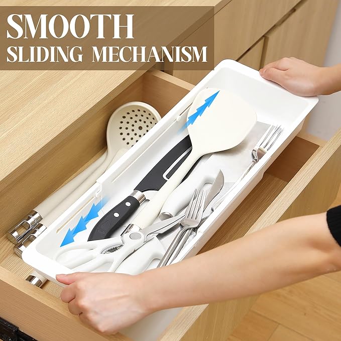 2 Pack Deep Drawer Organizer Bins, Sliding Drawer Organizer Bin Expandable and Adjustable Tray for Kitchen Utensils, BBQ Tools, Towels, Durable Plastic Sliding for Easy Storage(17.4-27.6")