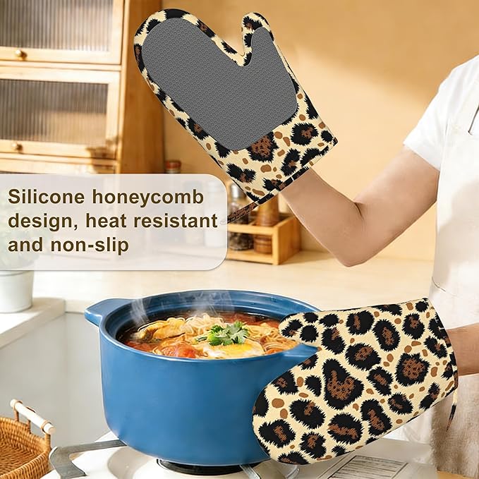 Leopard Print Oven Mitts and Pot Holders Sets of 4, Heat Resistant Silicone Oven Mitts Gloves Non-Slip Kitchen Mittens Potholders for Cooking Baking Grilling BBQ