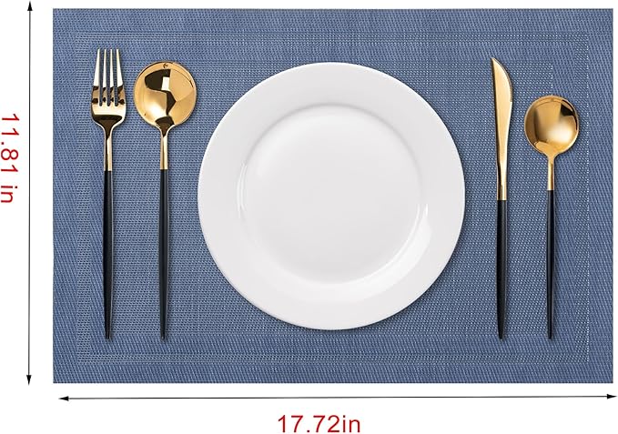CADONO Placemats Set of 6 Washable Indoor/Outdoor Vinyl Place Mats for Dining Table Durable Non-Slip Heat Resistant PVC Weave Table Mats（Simple Style-Deep Blue）