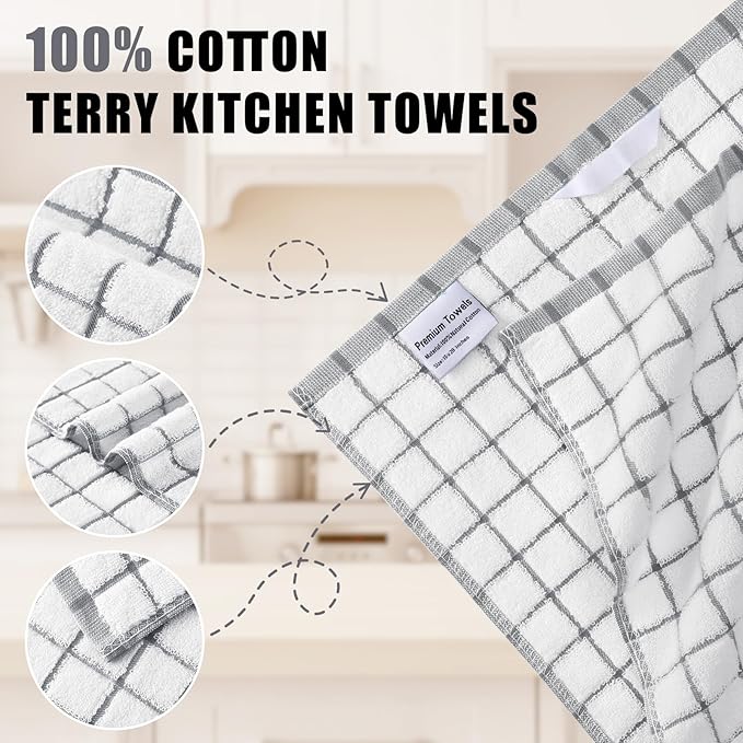 Homaxy Premium Kitchen Towels(16”x 28”, 6 Pack), Large Ring Spun Cotton Dish Towels, Super Absorbent Soft Terry Kitchen Hand Towels, Check Design Tea Towel Set with Hanging Loop, Grey