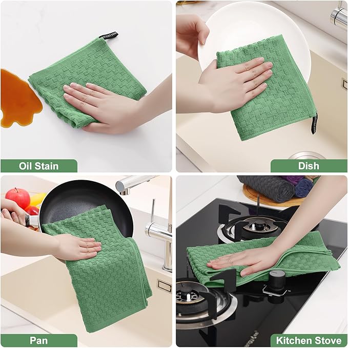 Homaxy 100% Cotton Kitchen Towels and Dishcloths Set, 12 x 12 & 15 x 25 Inches, Set of 12 Bulk Terry Cloth Dish Towels, Super Soft and Absorbent Hand Towel with Hanging Loop, Grass Green