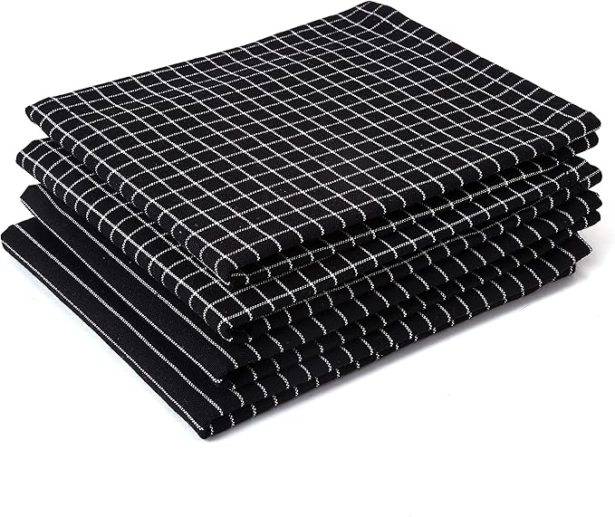 Encasa XO Cotton Kitchen Towel Set | Hand and Tea Cloth for Cleaning & Quick Drying, X-Large 28"x18" (Pack of 4) Highly Absorbent - Butcher Black