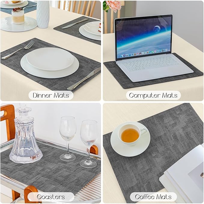 Romanstile Vinyl Placemats Set of 6-12x17 Inch, Reversible Waterproof Washable Non Slip Table Mats, Faux Leather Heat Resistant Wipeable Table Placemats for Dining/Party/Indoor/Outdoor, Dark Grey
