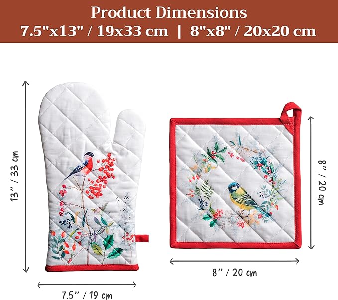 Maison d' Hermine 100% Cotton Oven Mitt & Pot Holder Set (7.5"x13" & 8"x8") Heat Resistant BBQ Cooking Gloves with Loop for Thanksgiving Christmas Decorations Handling Hot Pans (Morzine)