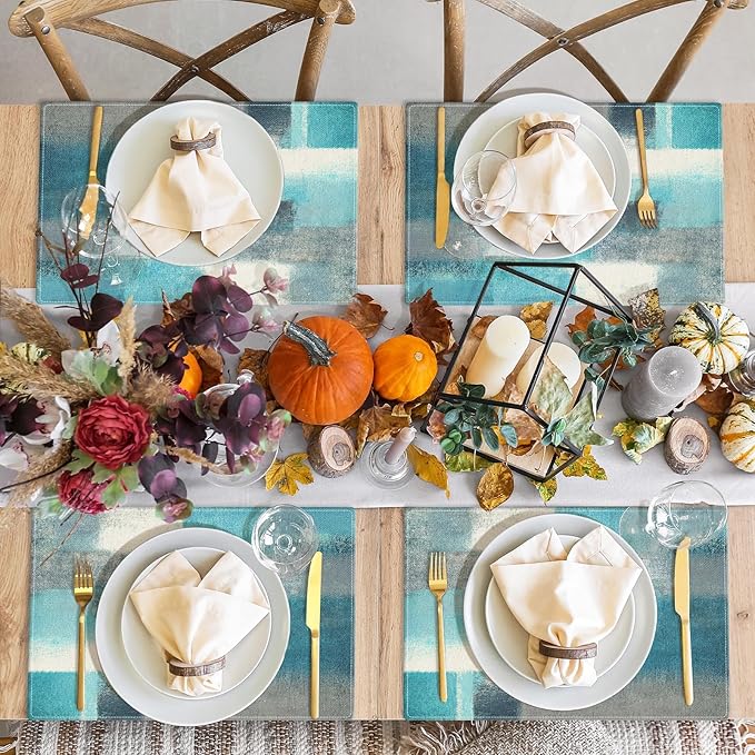 Emvency Farmhouse Placemats Set of 4, 12x18 Inch Modern Teal and Grey Abstract Art Painting Table Mats for Outdoor Home Party Kitchen Dining Decoration