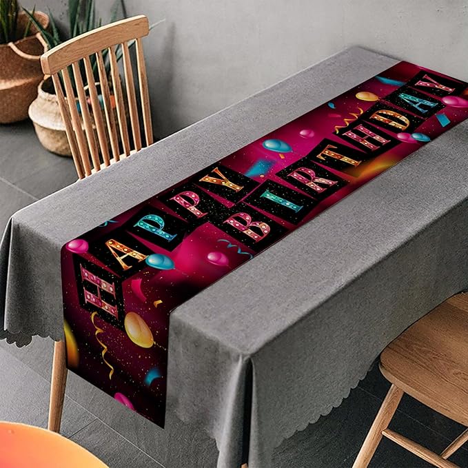 Happy Birthday Table Runner 13x72 Inch Colorful Birthday Balloon Ribbon Farmhouse Polyester Linen Table Decoration for Kitchen Dinning, Indoor Outdoor Home Dinner Party (Brilliant)