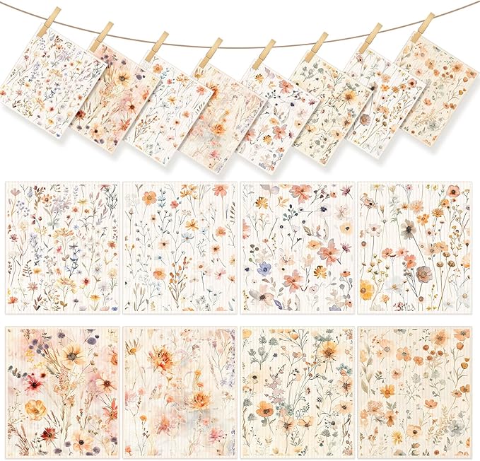 Tegeme 8 Pcs Watercolor Floral Swedish Dishcloth Kitchen Spring Flower Dish Towels Swedish Dish Cloth Absorbent Cotton Reusable Cleaning Kitchen Towels for Summer Housewarming Gift, 6.8 x 7.7''