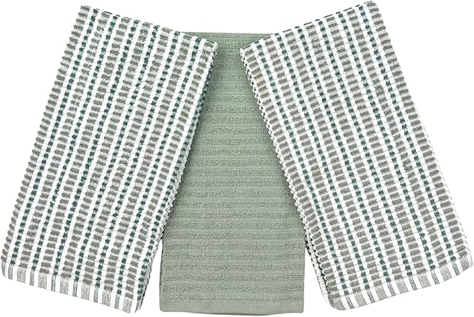 Serafina Home Sage Green Kitchen Dish Towels- Set of 3 100% Cotton Soft Cleaning Drying Absorbent Textured Terry Loop- Oversized 28" x 18" Multipurpose Towels for Everyday Use