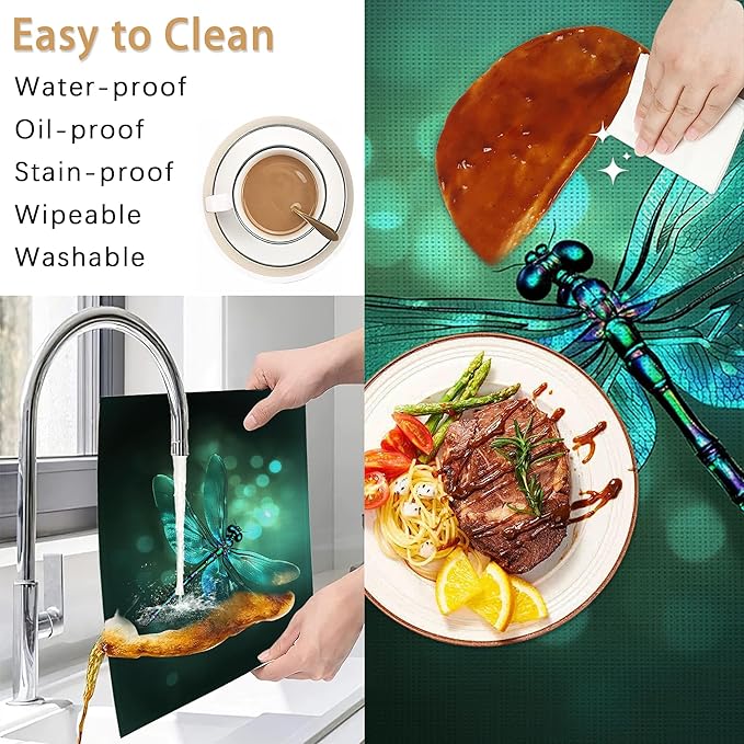 Placemats Set of 6,Green Dragonfly Table Mats,Glass Dragonfly Washable Linen Table Mats,Non-Slip Heat Resistant Placemats for Party Kitchen Dining Indoor Outdoor 12"x18"