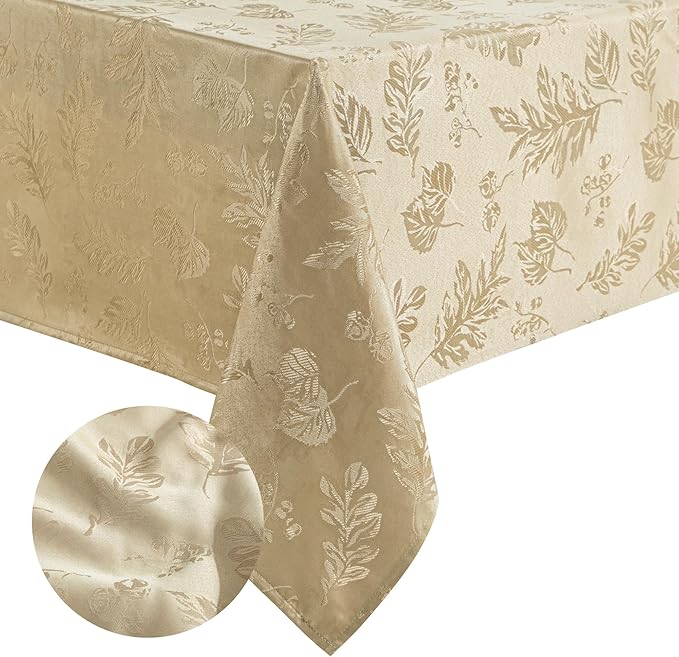 Elrene Home Fashions Elegant Woven Leaves Jacquard Damask Wrinkle Resistant Tablecloth, 60" x 102", Oblong, Taupe
