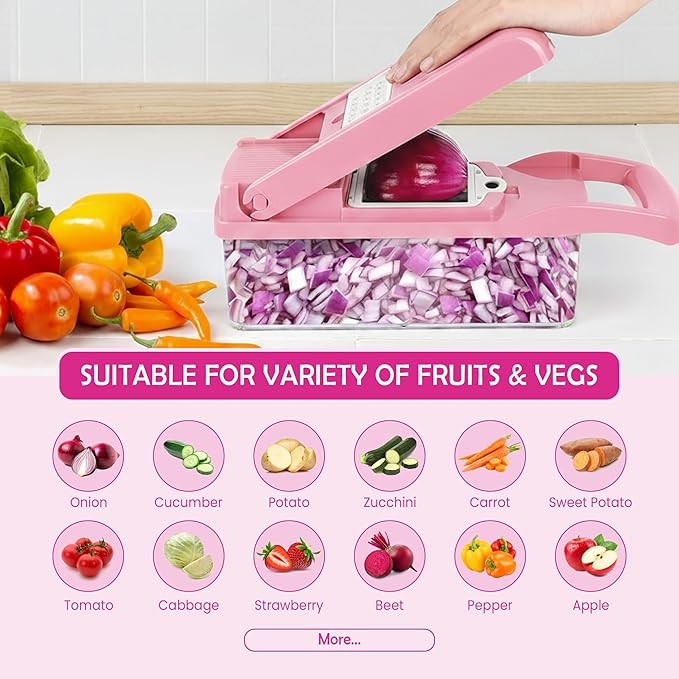 16-in-1 Vegetable Chopper & Mandoline Slicer with Container, Multifunctional Food Chopper, Onion Dicer & Grater for Potato, Carrot, Garlic and Salad, Kitchen Gadgets & Essentials (Pink)