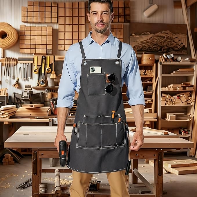 Canvas Work Apron,Cross Back Aprons for Men,Women,Cooking,Carpenter,Woodworking,Chef,BBQ,Grilling,Bartender