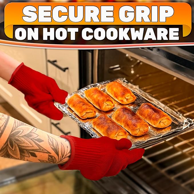 Heat Resistant Gloves for Cooking & Grilling – Aramid Oven Gloves with Fingers, Lightweight BBQ Gloves with Cotton Lining, Non-Slip, 9.45"x3.94" Kitchen Mitts for Baking & Frying, Great Gift for Chefs