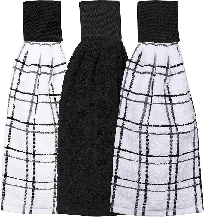Ritz Premium 100% Cotton Solid and Multi Check Kitchen Tie Towel Absorbent, Super Soft, and Fast Drying Hang Towel, Set of Three, Black