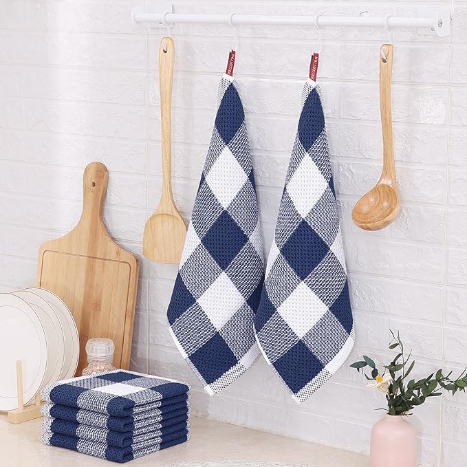 Homaxy 100% Cotton Waffle Weave Check Plaid Dish Cloths, 12 x 12 Inches, Super Soft and Absorbent Dish Towels Quick Drying Dish Rags, 6-Pack, White & Navy Blue
