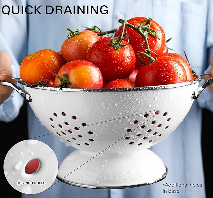 Reston Lloyd, 1.5 Quart Powder Coated Steel Kitchen Strainer Basket for draining Pasta, Vegetable and Fruit, Chrome Handles and Wide Stable Base, Azure