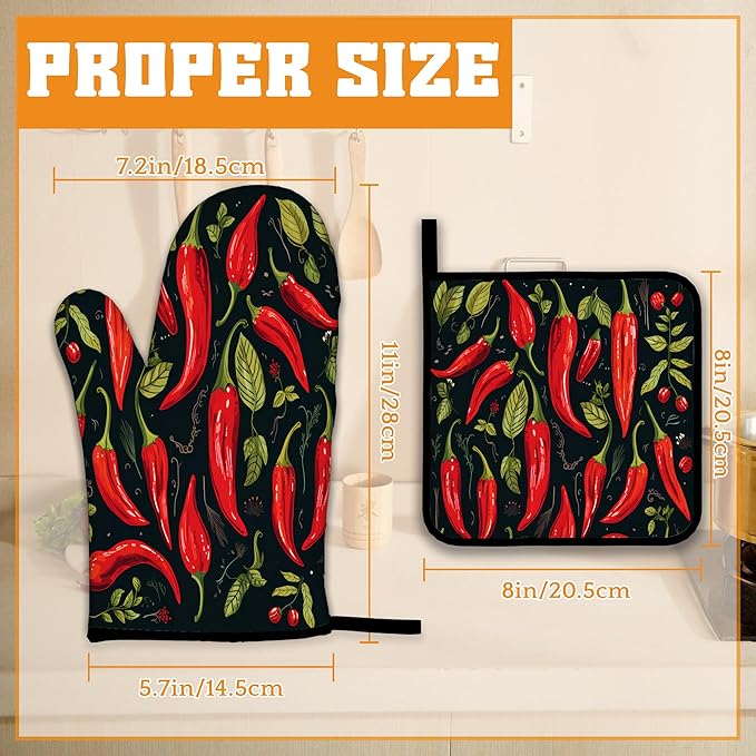 Red Pepper Oven Mitts and Pot Holders Set,Kitchen Oven Gloves and Pot Holder with Heat Resistant Non Slip for Cooking Baking Grilling(4 Piece Set)
