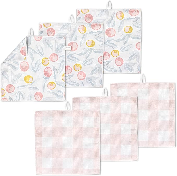 ELYN Microfiber Kitchen Dish Cloth Set, Quick-Dry & Absorbent Waffle Weave Cleaning Towels, Set of 6 Wash Cloths, Paper Towels & Sponge Alternative (Oranges & Gingham)
