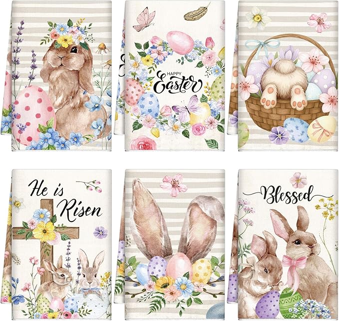 Breling Set of 6 Easter Decorations Happy Easter Kitchen Towels Rabbit Dish Towel Bathroom Decorative He is Risen Religious Christian Hand Cloths for Home Decorations Spring, 14 x 21 Inch
